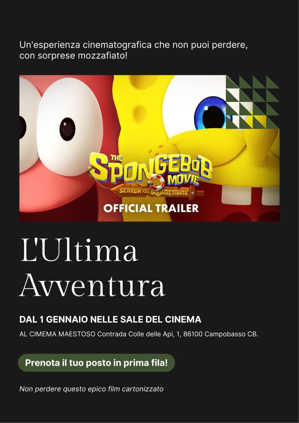 Poster promozionale del film SpongeBob con il titolo L’Ultima Avventura e data di uscita al cinema.