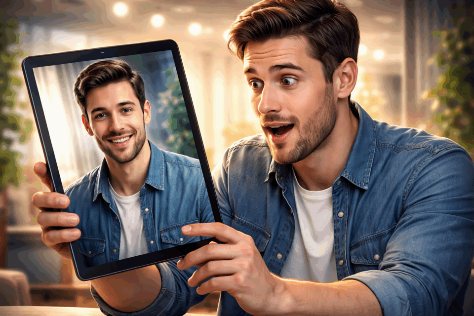 Uomo che guarda un tablet con la sua immagine generata dall’intelligenza artificiale perfetta, curioso e affascinato senza accorgersi del falso.